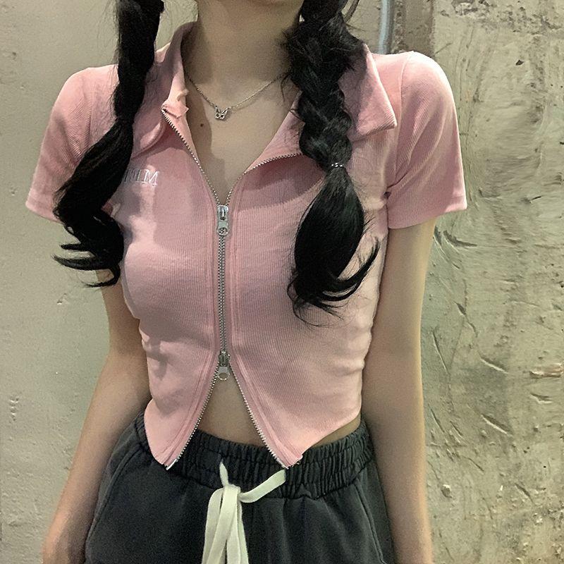 

Футболки-поло для девочек, топы на молнии с коротким рукавом, женские модные футболки, однотонные простые футболки XL розовый