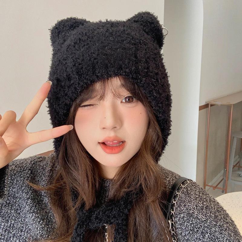 

Жіноча плюшева зимова шапка з ведмежими вушками - Мила шапка Лей Фенг в корейському стилі з вельветовою підкладкою для їзди на велосипеді та захисту від холоду. DMZ062, One Size чорний