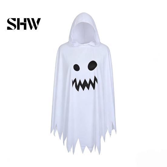 Weicher Atmungsaktiver Party-Kleidung Halloween Geisterumhang mit Kapuze, Lockerer Schnitt Unregelmäßiger Saum Kostüm Universelle Dekoration für Cosplay-Party, Weiß Spukhaft