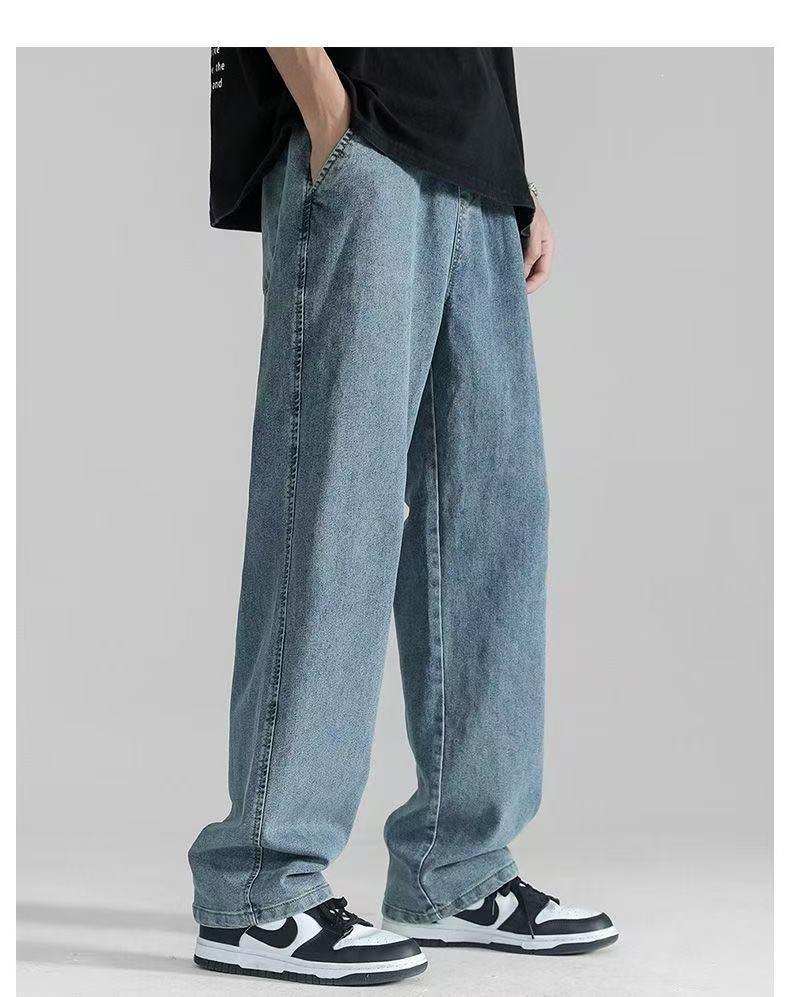 Fankes Jeans Men's Spring and Autumn New Loose Straight Elastic Waist Drawstring Versatile Casual Long Pants