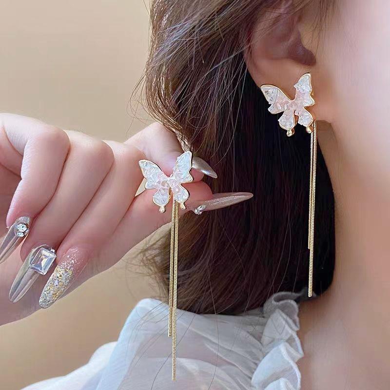 Sweet Temperament Gradual Change Butterfly Tassel Long Earrings Women, Niche Design Show Face Thin Earrings Earrings