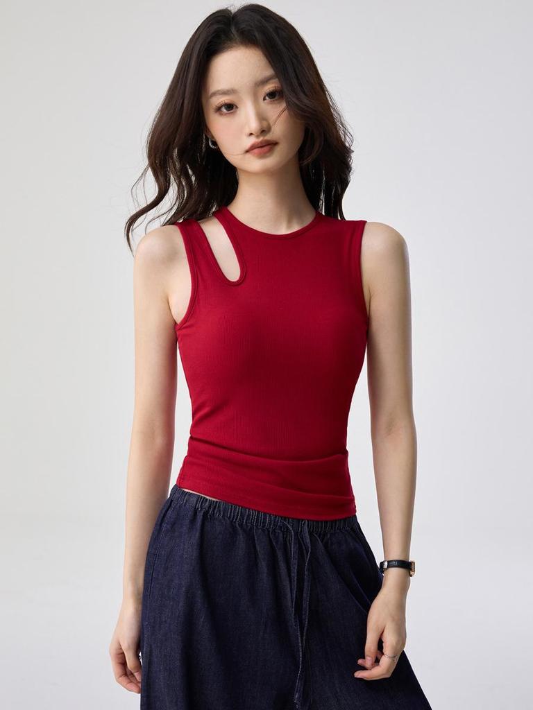 Women's Sleeveless Summer Top with Built-in Bra, Hollow Shoulder Straps