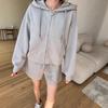 Casual European and American women's sports set, solid color long-sleeve zip-up cardigan, tie-up shorts, two-piece set