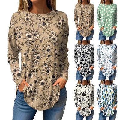 Camiseta holgada de manga larga con cuello redondo y estampado para mujer