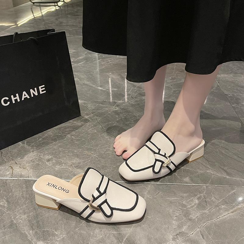 Baotou half slippers women's new summer middle heel women's shoes fashion thick heel Internet celebrity Muller cool slippers