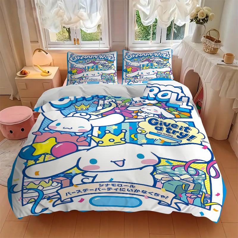3pcs Cinnamoroll's Magical Birthday Adventure Print Bedding Set (1 Cover + 2 Pillowcases, Without Inserts), Soft and Comfortable S007