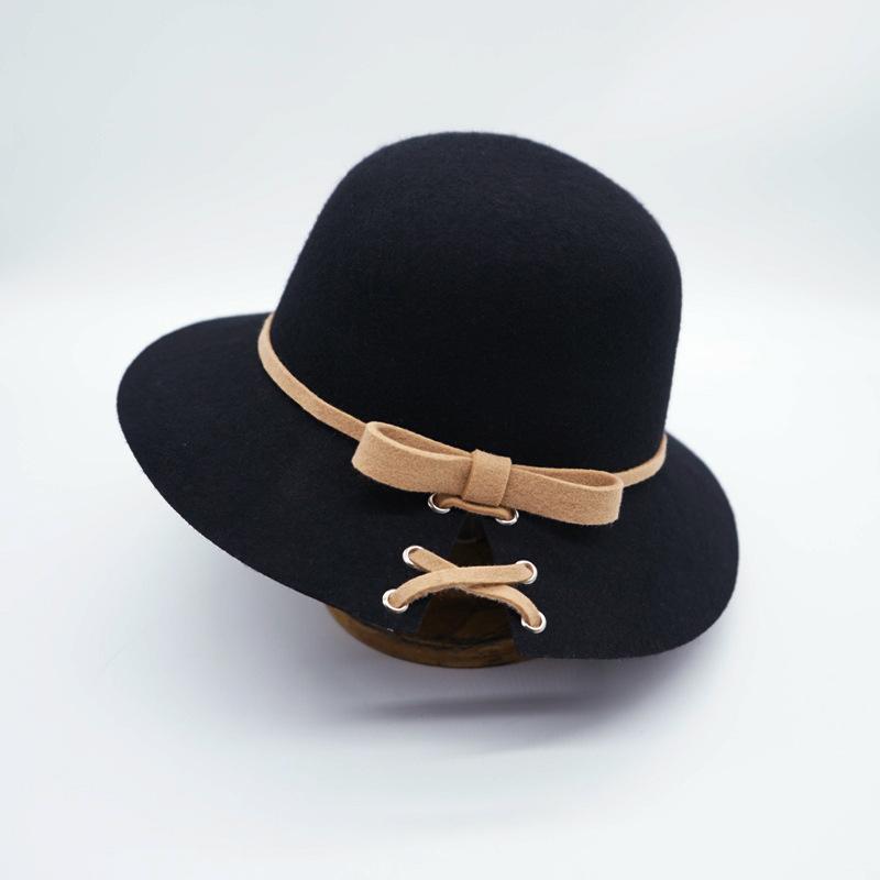 Black And White Contrasting Color Bow Small Fresh Hepburn Black Woolen Basin Hat Women'S Autumn And Winter French Retro Fisherman Top Hat