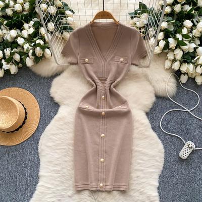 Chic Knit V-neck Single Breasted Pencil Dress Vintage Dress Elegant Beach High Waist Korean Fashion Dresses