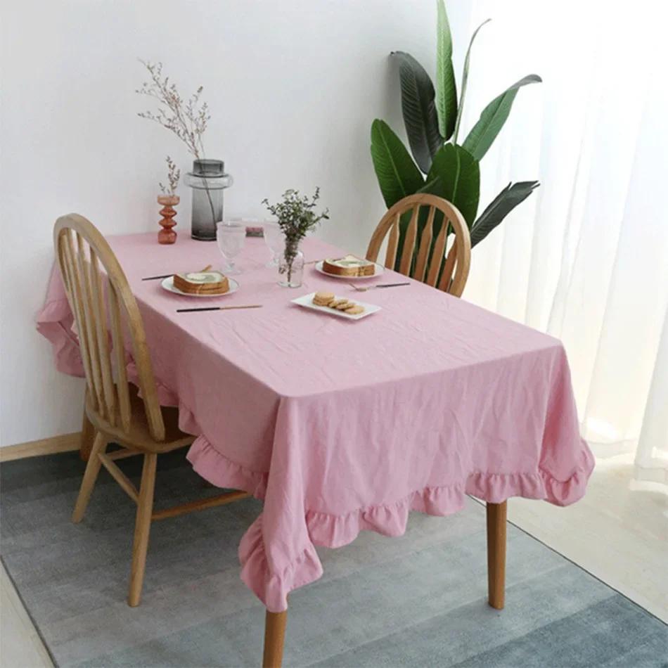 100% Cotton Table Cover Red Farmhouse Ruffle Tablecloth Soft Water-washed Tablecloths for Rectangle Party Wedding Decor Durable
