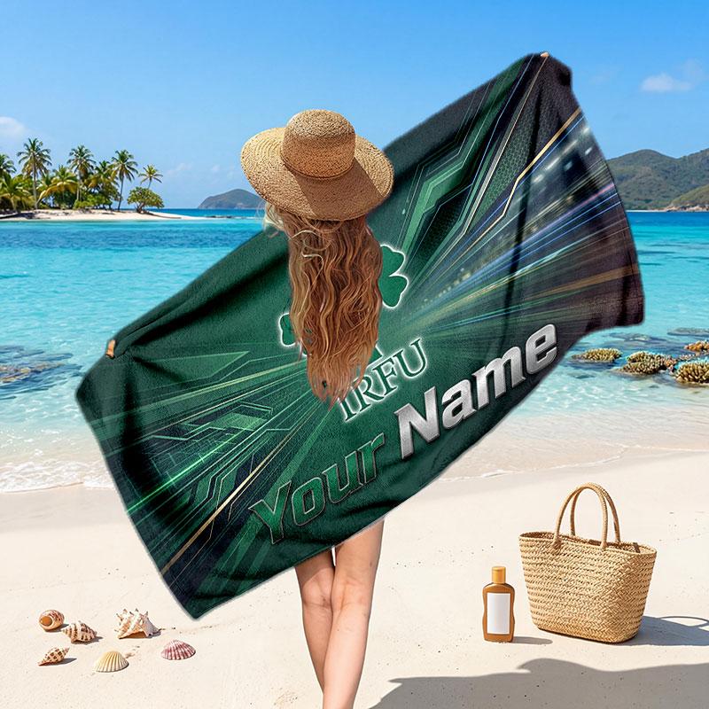 Ireland Rugby Customized Name Text Beach Towel, Soft Absorbent Towel Beach Pool Travel Personal Gift