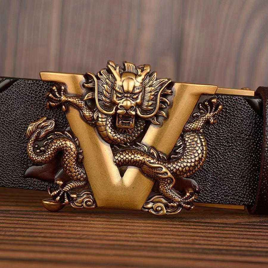 Retro Dragon Carved Pattern Automatic Buckle Leather Belt – Domineering Men's Fashion Accessory