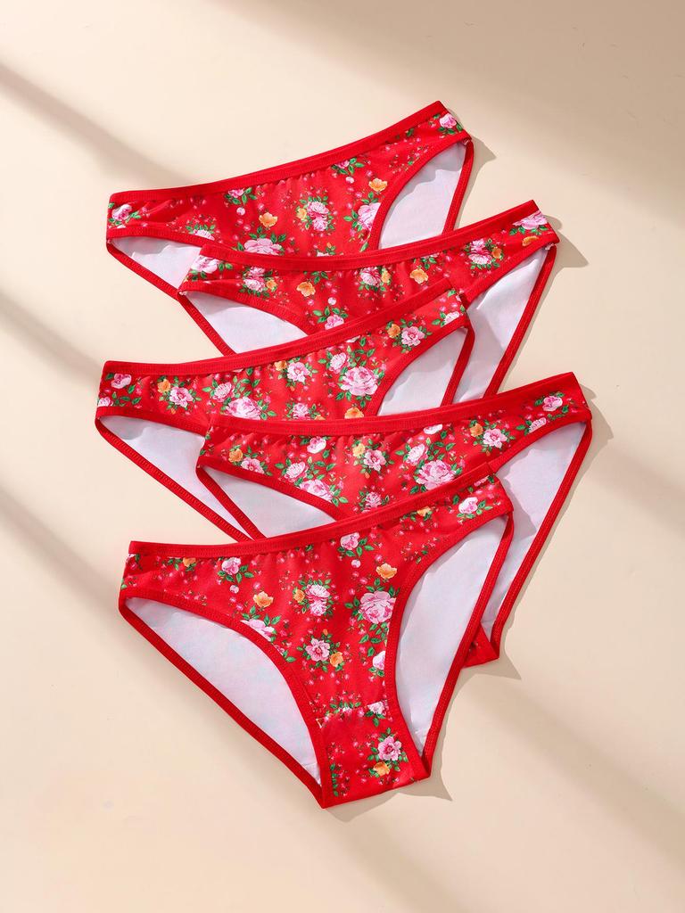 5Pcs/Set Women Cotton Panties Floral Red Underwear Low Waist Briefs Girls Panty Sexy Ladies Underpants Soft Female Lingerie S-L