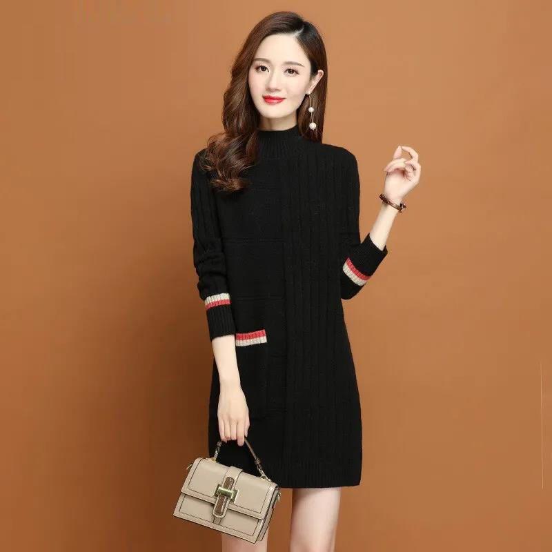 Half Turtleneck Solid-color Knitted Sweater for Women Thickened Sweater Loose Mid-length Pullover Autumn and Winter