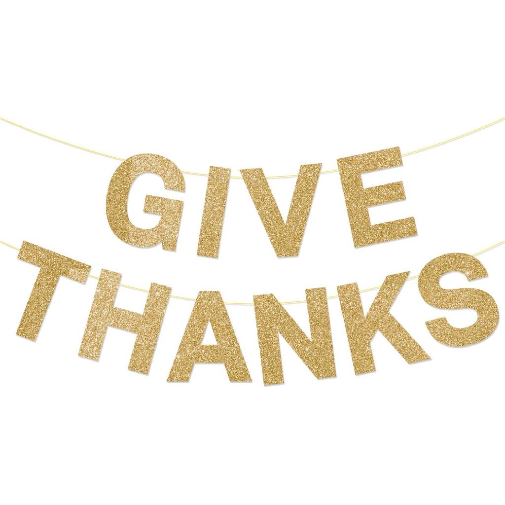 Give Thanks Banner, Pre-assembled Friendsgiving Decorations, Gold Glitter Thanksgiving Party Decorations for Party Office Home Fireplace Mantel, Fall