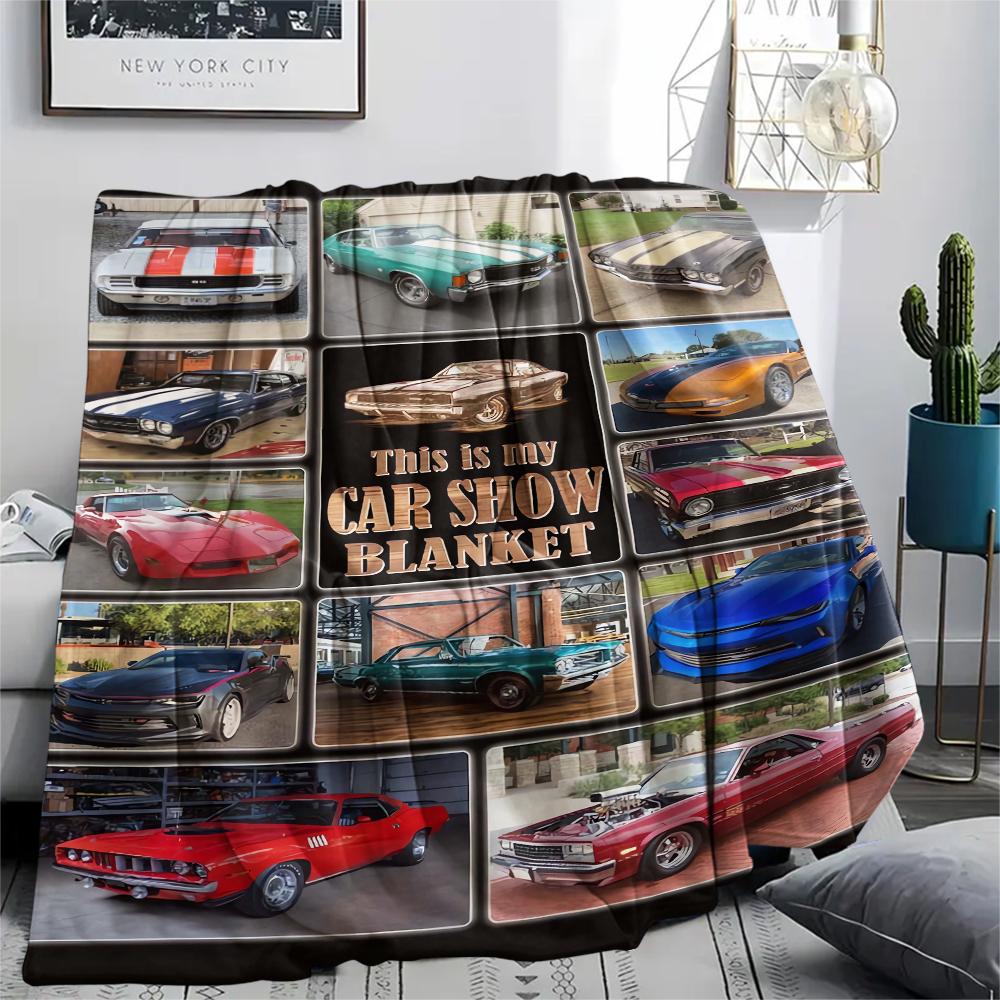 1Pc Vintage Car Print Flannel Blanket, High Quality Comfortable for All Seasons, Home Decor, Warmth and Comfort, Perfect for Christmas Gifts