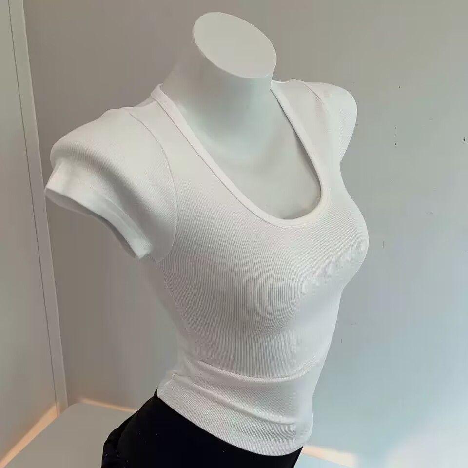 Slim Fit BM Style Threaded Large U-neck for Slimming and Breathable Solid Color Short Sleeves