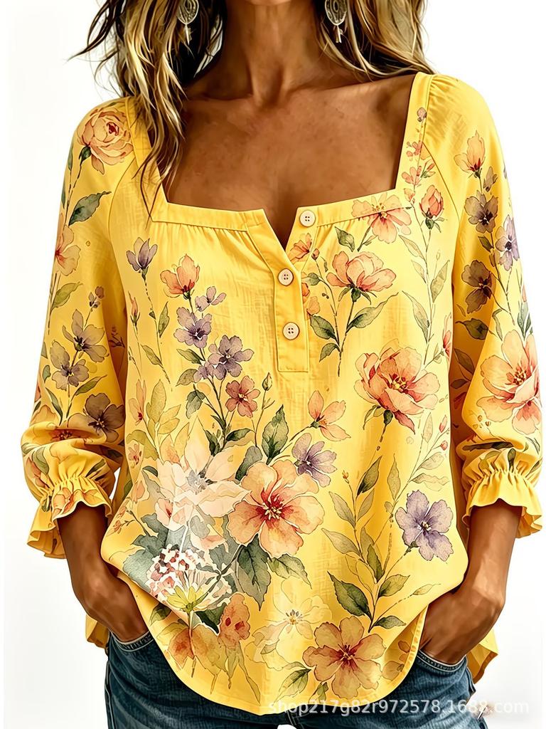 New Xiyin Summer T-Shirt Women's Printed Square Neck Button Bubble Sleeve Women's Top Women's