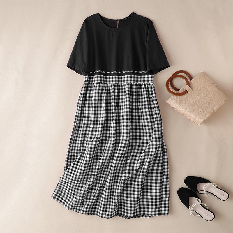 

ZANZEA Женское повседневное платье с круглым вырезом, короткими рукавами, клетчатым принтом и лоскутным шитьем S чёрный