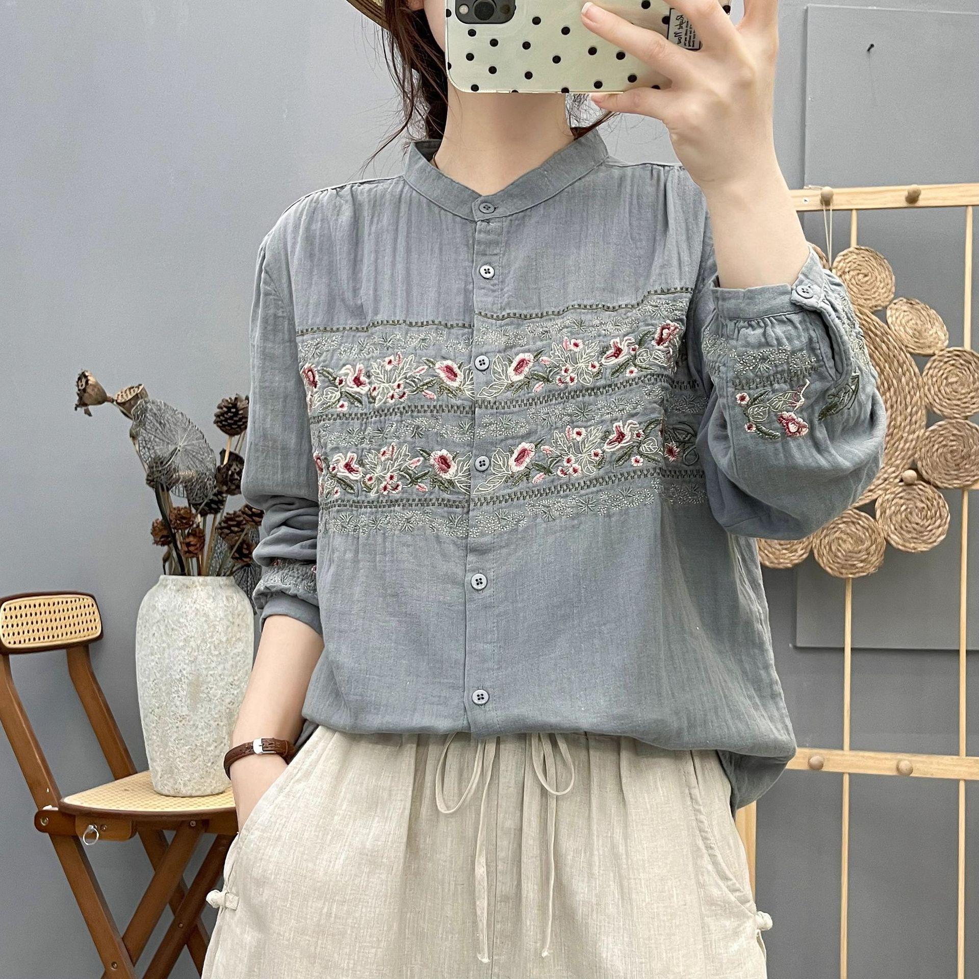 

Women s Mori Style Embroidered Cotton Cardigan: Spring/Autumn Long Sleeve, Casual Stand-up Collar. XL сірий колір