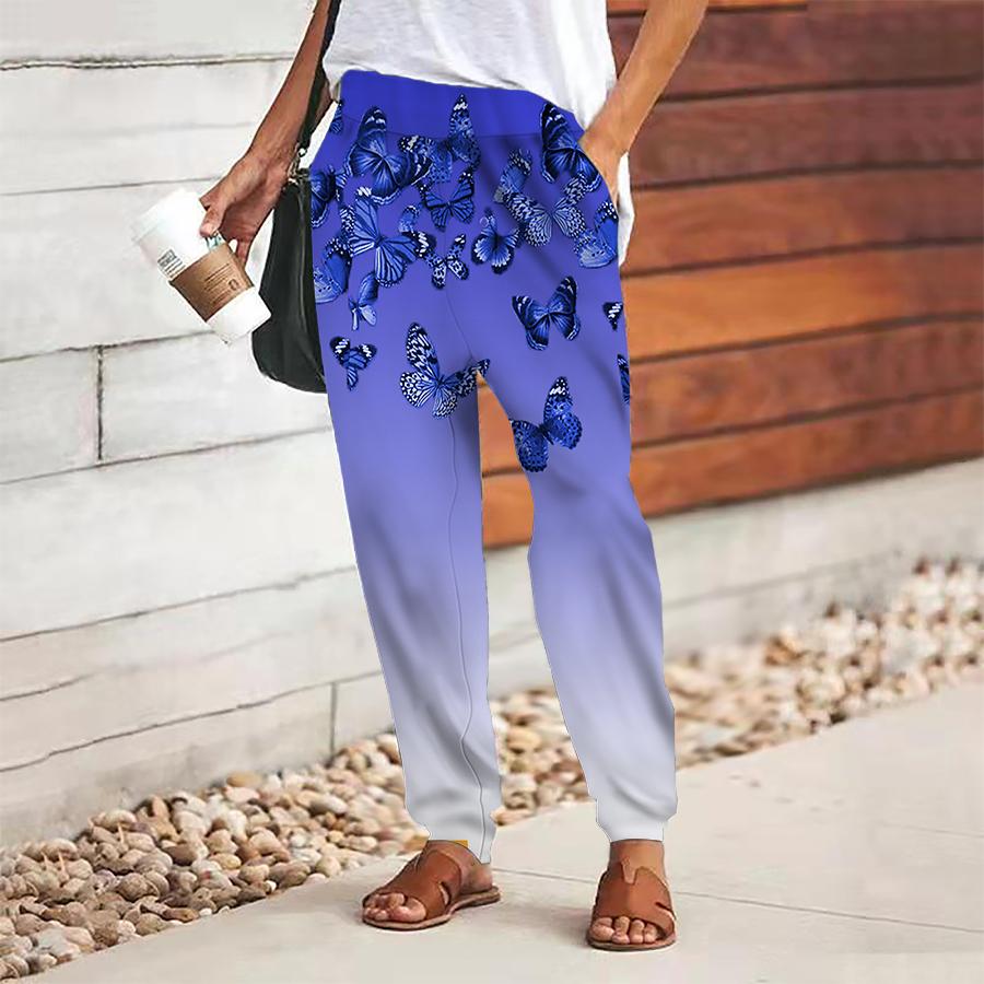 

Женские брюки с принтом бабочек, на шнуровке, с эластичной талией, свободные, повседневные длинные брюки, брюки с карманами XS синий
