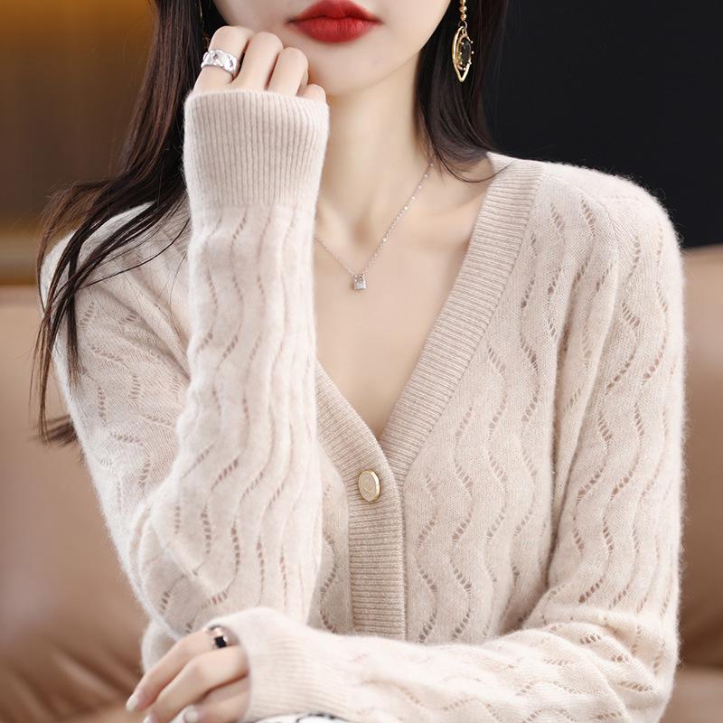 100% Pure Wool V-Neck Jacquard Cashmere Cardigan for Women - Early Spring Collection