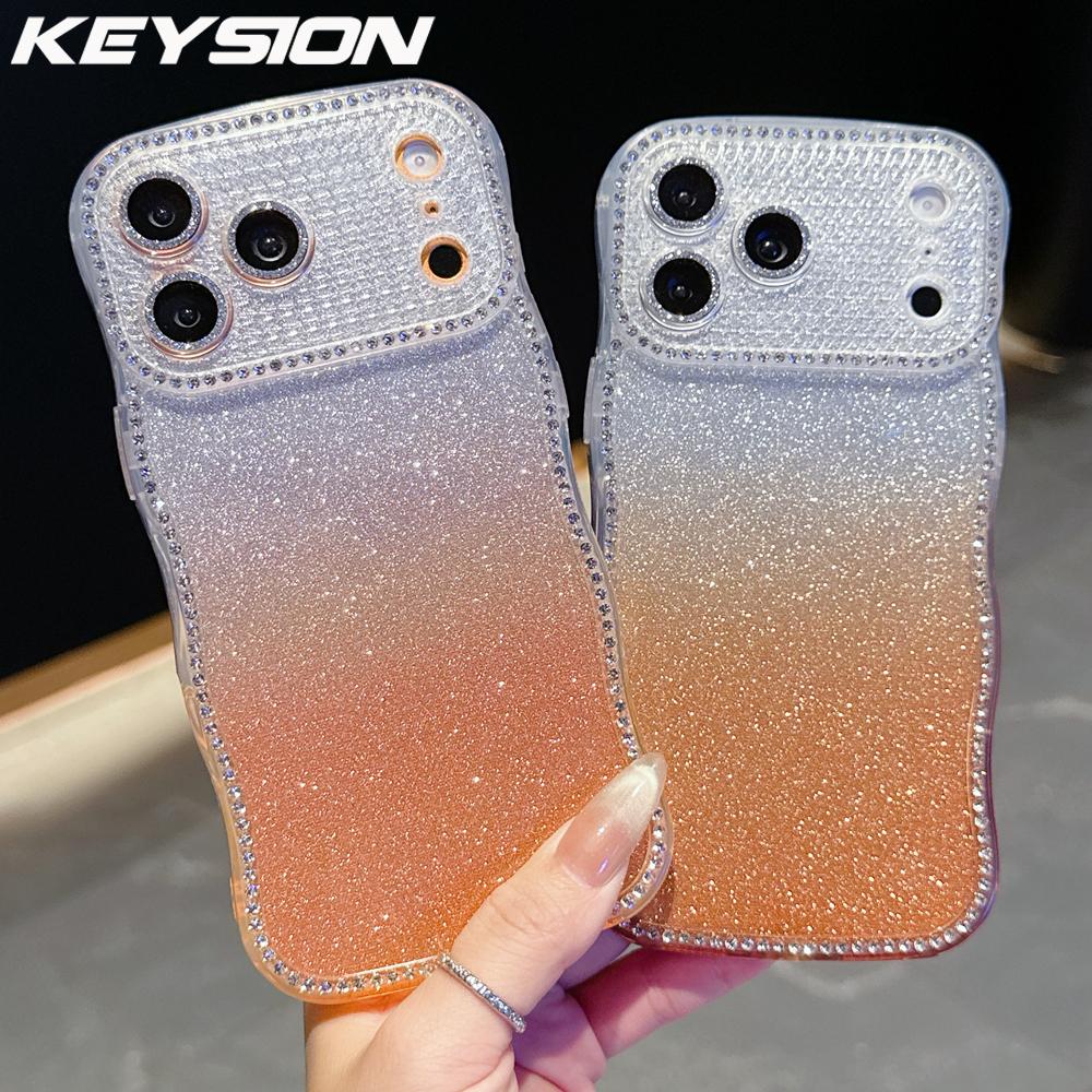 KEYSION Gradient Glitter Jewelled Phone Case for iPhone 13 14 15 Pro Max Wavy Border Lens Protector Shockproof Back Cover