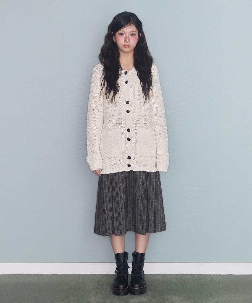 Mileko Pleated Pattern Midi Sk Khaki Gray