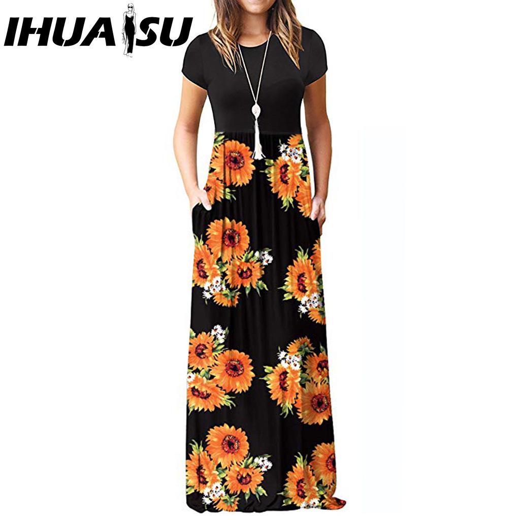 

IHUASU Short Sleeve Printed Dress Long Skirt S синий