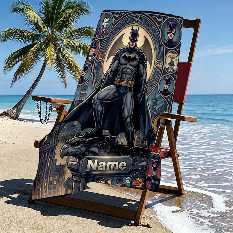 Custom Name Personalized Batman Print Beach Towel, for Trip Camping Beach Party Home Decor, Birthday Gift for Family & Friends
