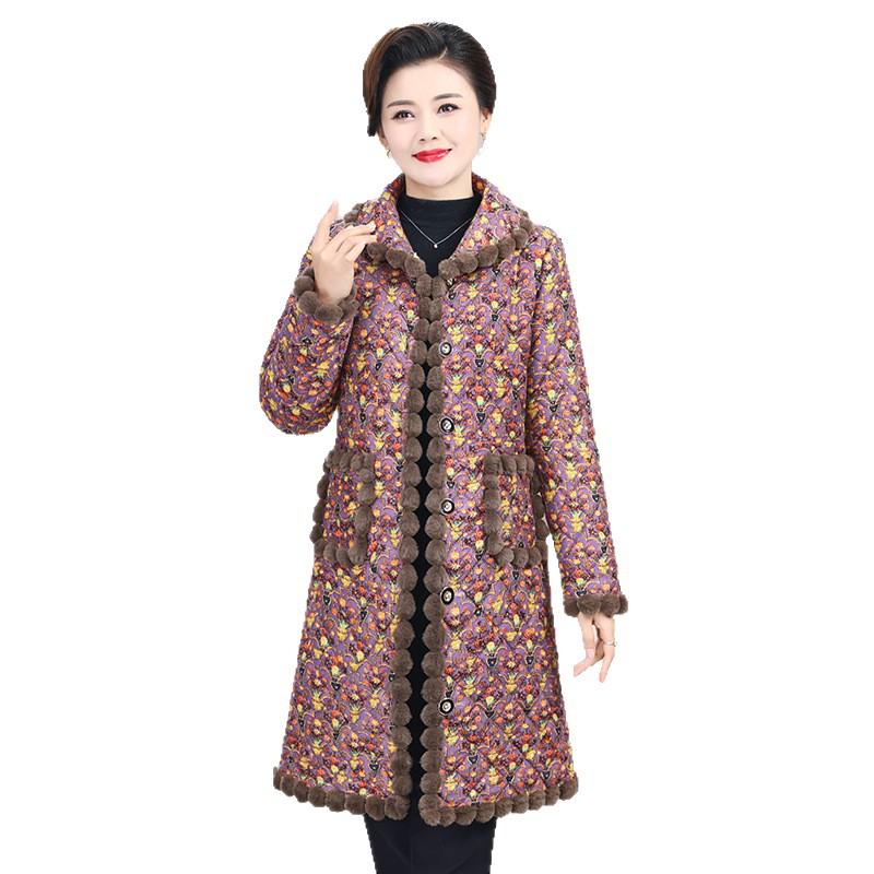 Velvet-Enhanced Floral Cotton Quilted Jacket for Middle-Aged & Elderly - Warm Mid-Length Coat for Autumn/Winter.