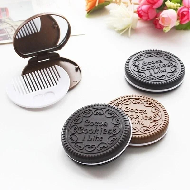 1 Pcs Chocolate Biscuit Mini Pocket Mirror With Comb Princess Portable Biscuit Shape Makeup Folding Mirror With Comb