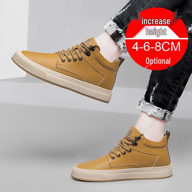 Men's Autumn Invisible Height-Boost 8cm Breathable Cowhide 6-Hole Mid-Top Shoes, British Style Sports Casual Board Sneakers