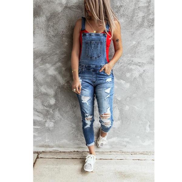 Women Retro Denim Bib Overalls Jeans Jumpsuits and Rompers Ladies Ripped Hole Casual Stretch Long Playsuit Pockets Jumpsuit