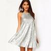European and American Silver Sequin Sleeveless A-line Dress with Big Hem