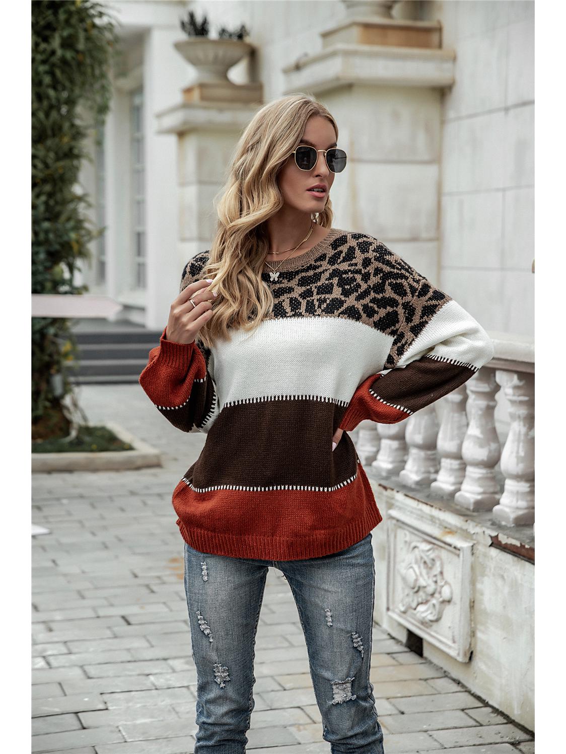 

Весна 2025 Европейский и американский женский свободный трикотажный свитер с цветными блоками и круглым вырезом большого размера Extra Large