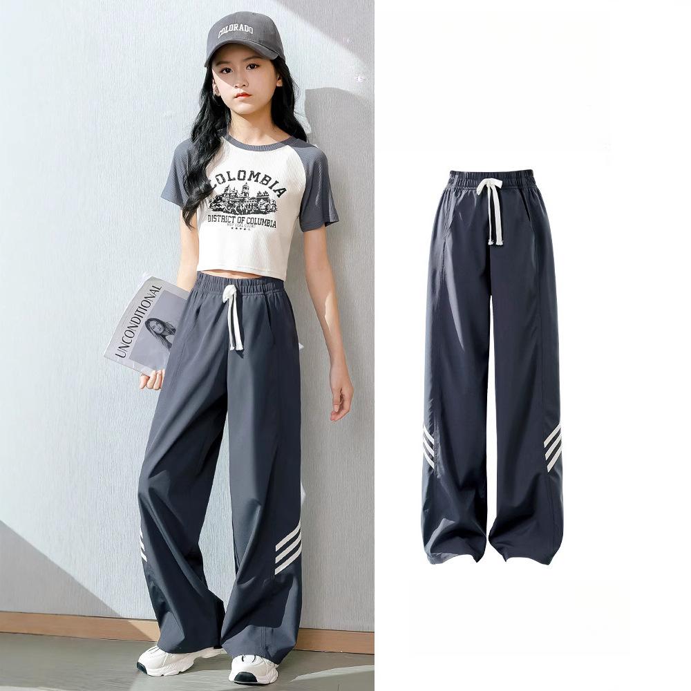 

Широкие брюки для девочек Детские брюки Летние тонкие из ледяного шелка Защита от комаров Прямые брюки Женская летняя одежда 170 серый