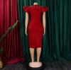 Ruffles Sleeve Solid Beaded Dresses Women 2026 New O Neck Package Hips Mid Calf Elegant Birthday Party Dinner Vestidos Mujer