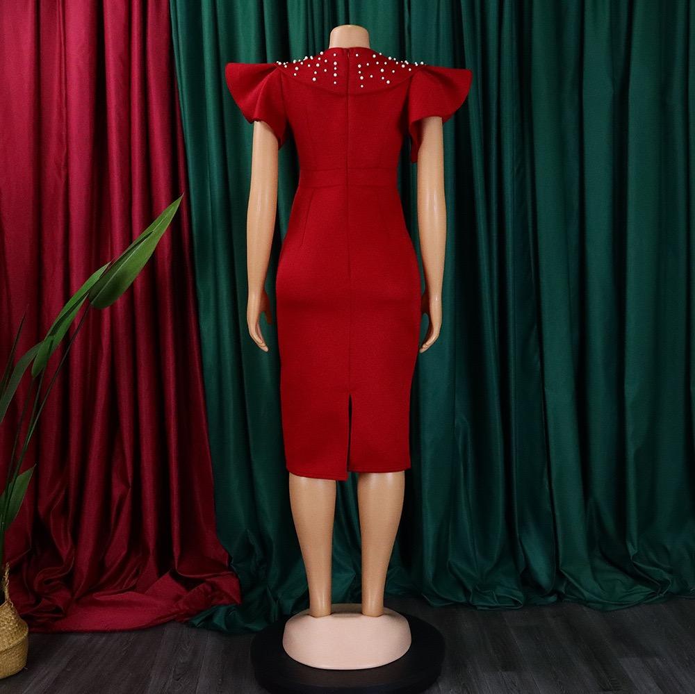 Ruffles Sleeve Solid Beaded Dresses Women 2026 New O Neck Package Hips Mid Calf Elegant Birthday Party Dinner Vestidos Mujer