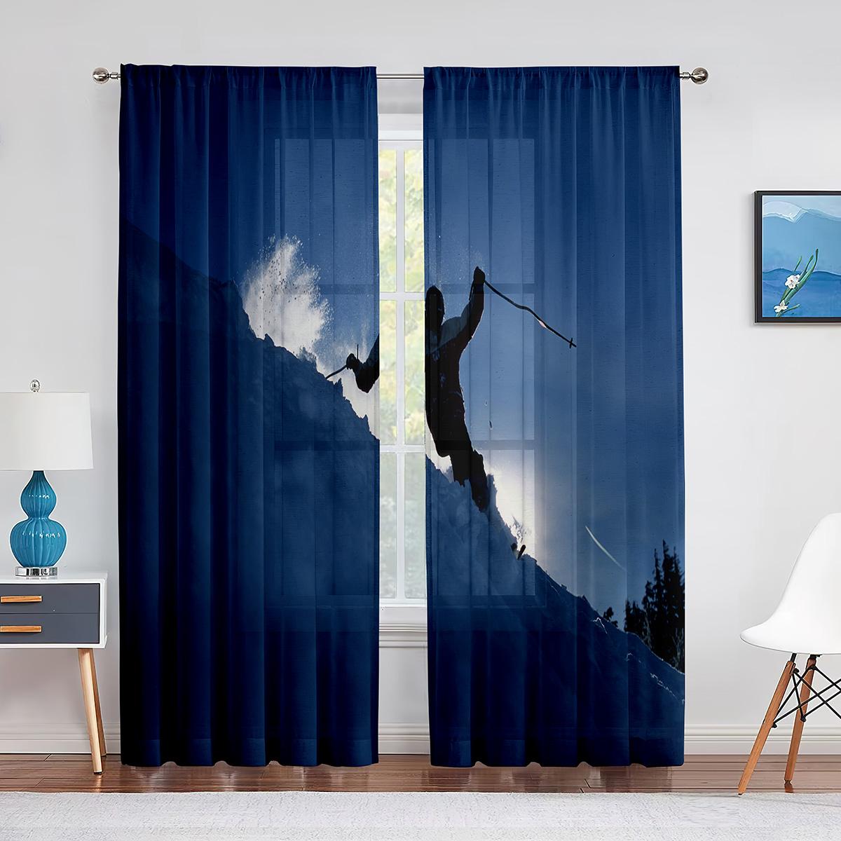 

Лыжи Экстремальный вид спорта На снежном поле Прозрачные шторы для гостиной спальни кухни Оформление окна Шифоновая тюлевая занавеска Жалюзи 1 PCS W100XH250cm&Grommet Top