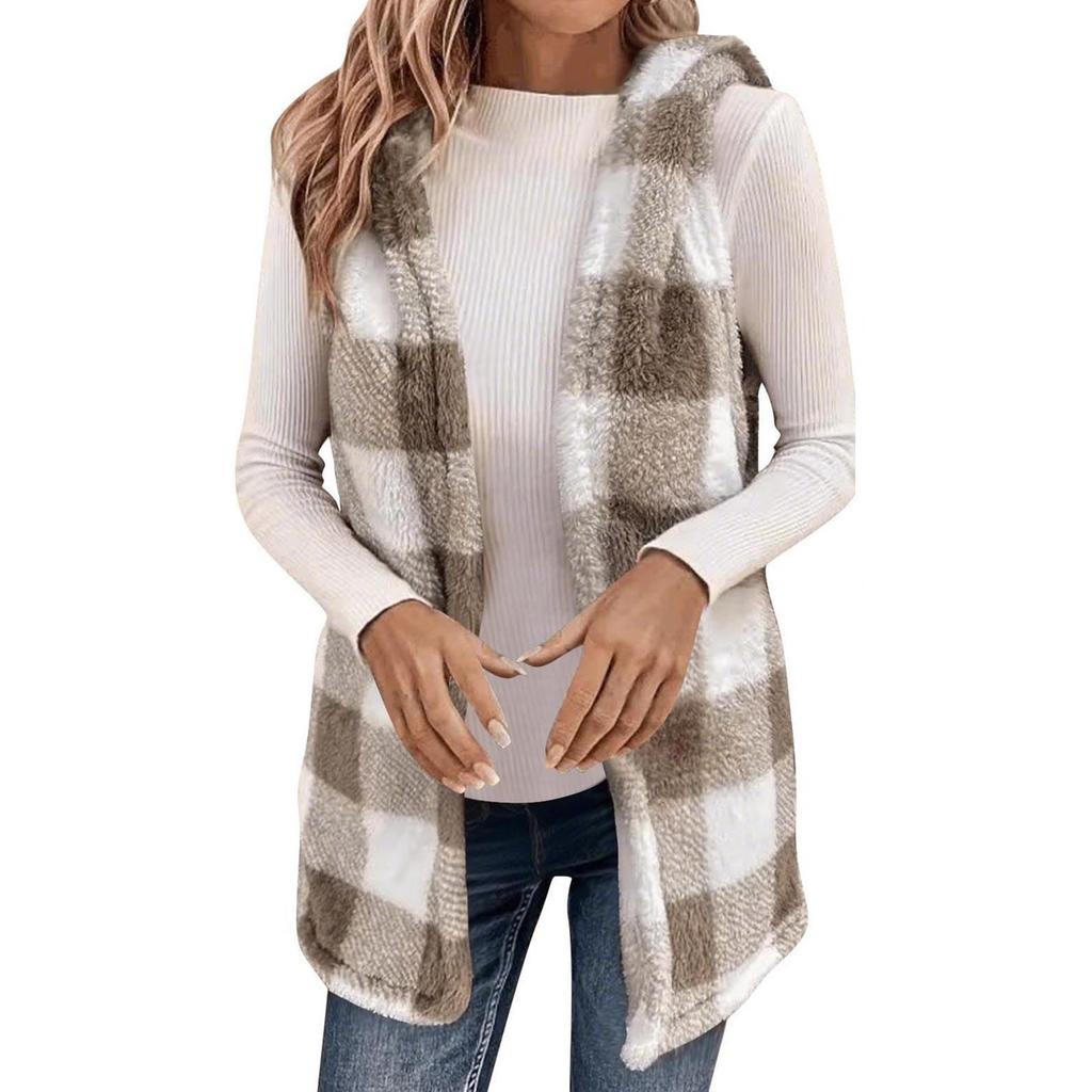 Dámský temperamentní kardigan kostkovaný s kapucí plyšová vesta bunda