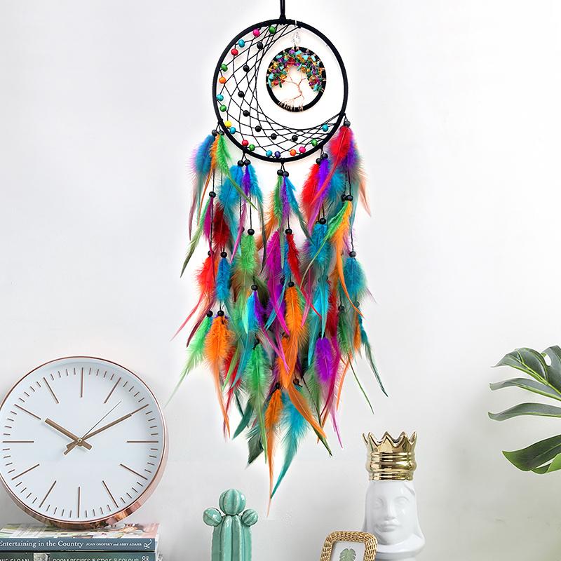 Nordic Tree Of Life Crystal Wall Hanging Ornaments Dream Catcher Hand-woven Feather Wind Chimes Festival Gifts Home Decorations