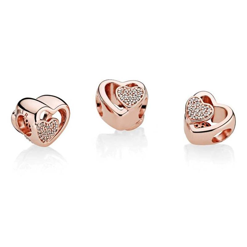 Pandora Openwork Double Heart Design Pendant Women pendant Rose-Gold 781806CZ Box