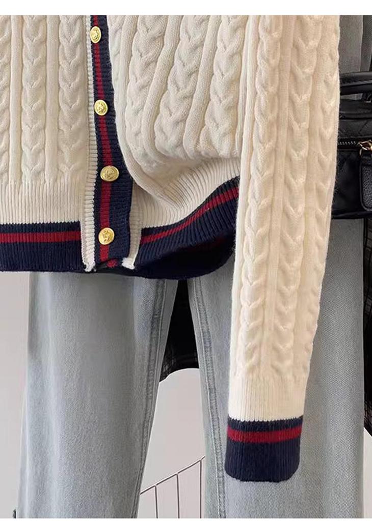College Style V-Neck Color Block Wool Cardigan Women's Slimming Cable Knit Sweater Coat
