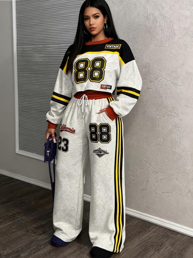 Retro americano, tuta sportiva con lettere per donna, maniche a spalla, maglione corto + pantaloni della tuta, set casual due pezzi.