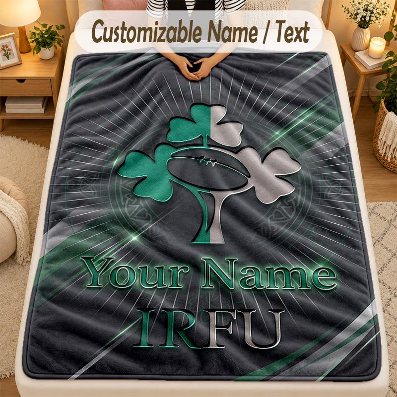 Flannel BlanketIreland Rugby Custom Name Text Personalized Soft Warm Throw Blanket Home Decor Gift