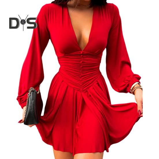 Women Dress Low Cut Deep V Neck Long Lantern Sleeves Solid Color Tight Waist Pleated A Line Big Swing Commute Lady Spring Summer Mini Dress