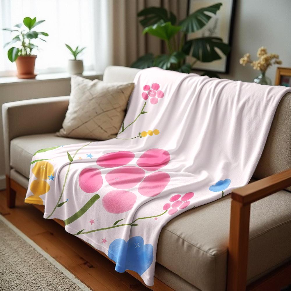 Soft Watercolor Floral Stem Cartoon Anime Print Flannel Blanket Soft Warm Throw for Kids Bedroom Sofa Christmas Office Car
