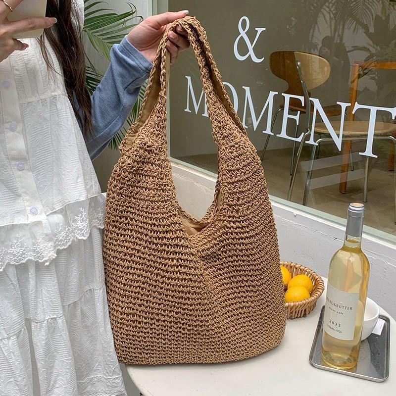 Versatile One Shoulder Straw Woven Bag Lazy Style Handmade Woven Bag Large Capacity Zipper Tote Bag Women's Vacation Beach Women's Bag