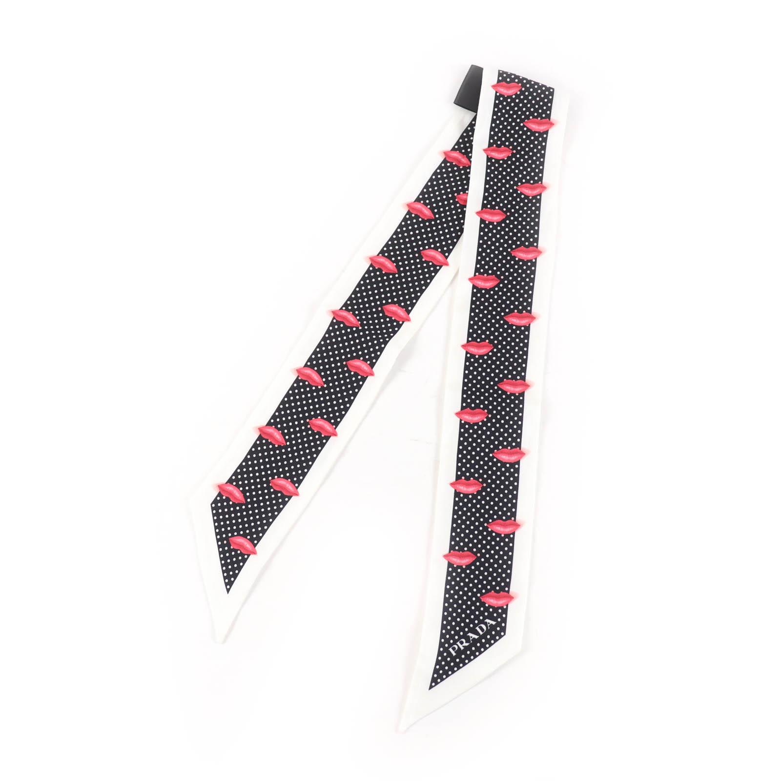 Excellent PRADA scarf Printed silk twill skinny scarf Lip Dot Pattern 1FF008 Used