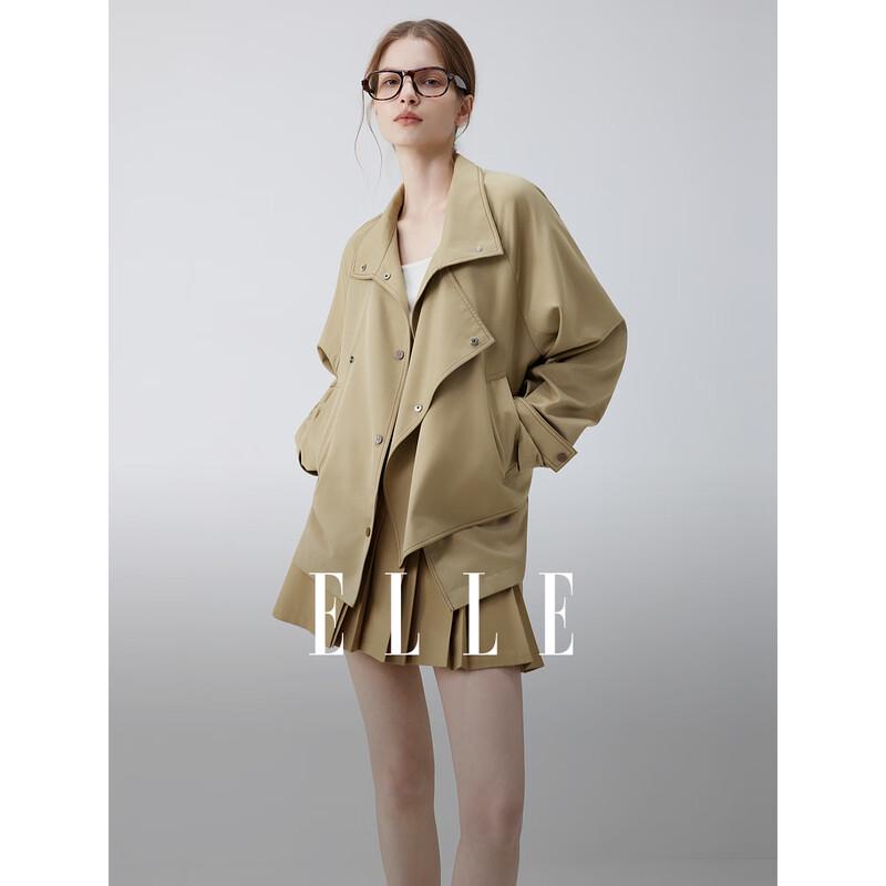 ELLE Women s Khaki Stand-Up Collar Oversized Short Coat S